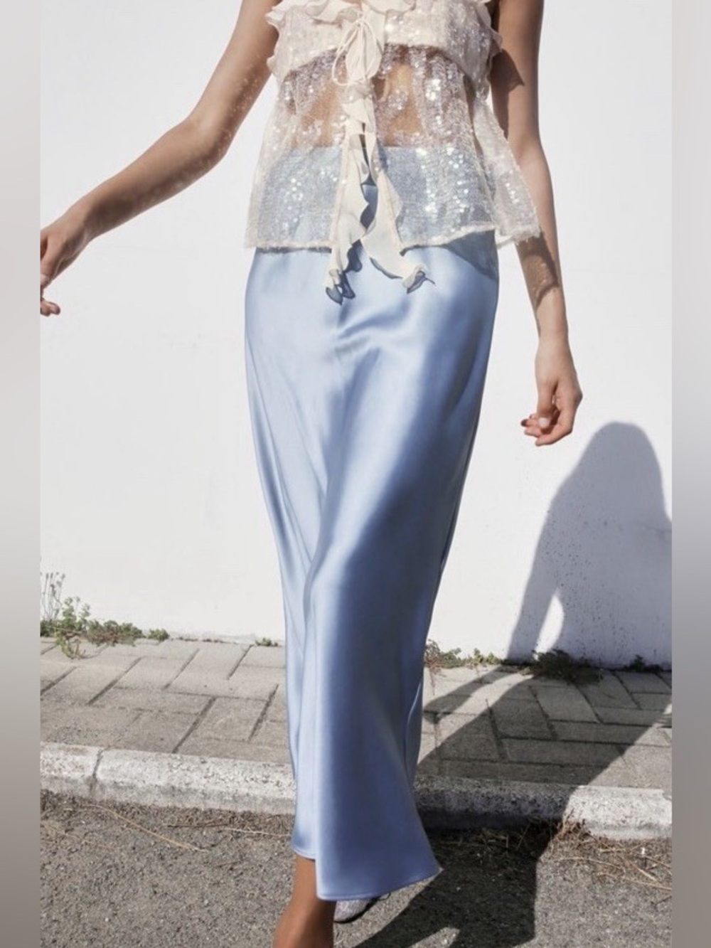 Zara Silver-Blue Satin midi Skirt